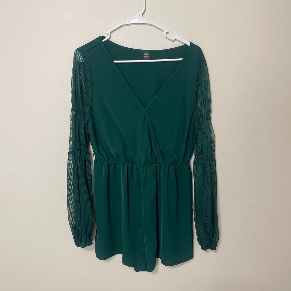 SHEIN Women's V-Neck Wrap Romper Long Sleeve Elastic Waist Green Medium